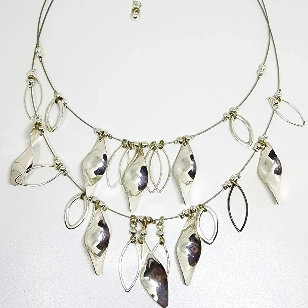 Double Layer Silver Spiral and Marquis Drop Statement Dressy Necklace